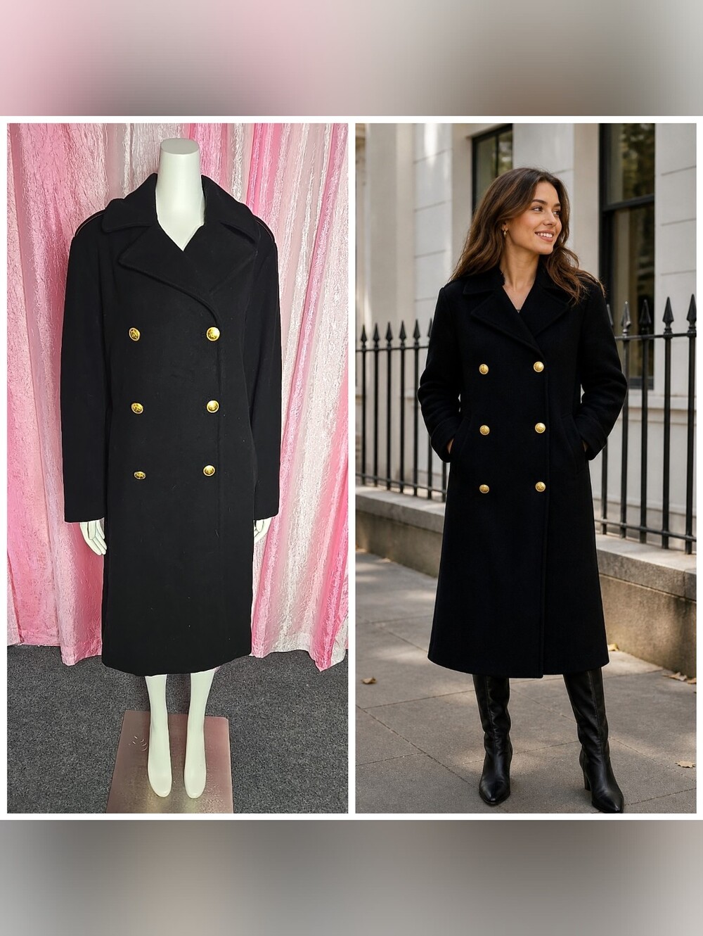 Rebecca Minkoff Black Officer’s Wool Blend Double Breasted Coat Size Large NWT